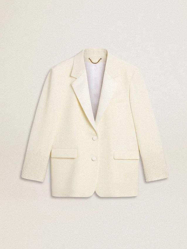 Veste oversize à simple boutonnage, blanche, effet soie et broderies