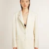 Veste oversize à simple boutonnage, blanche, effet soie et broderies