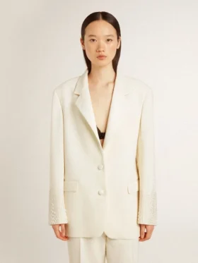 Veste oversize à simple boutonnage, blanche, effet soie et broderies