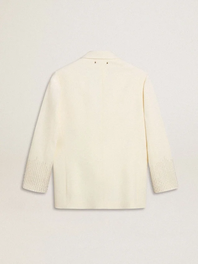 Veste oversize à simple boutonnage, blanche, effet soie et broderies