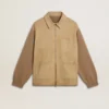 Veste pour homme en cuir nubuck couleur travertin avec manches et dos en mélange de laine
