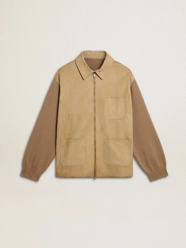 Veste pour homme en cuir nubuck couleur travertin avec manches et dos en mélange de laine
