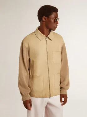 Veste pour homme en cuir nubuck couleur travertin avec manches et dos en mélange de laine