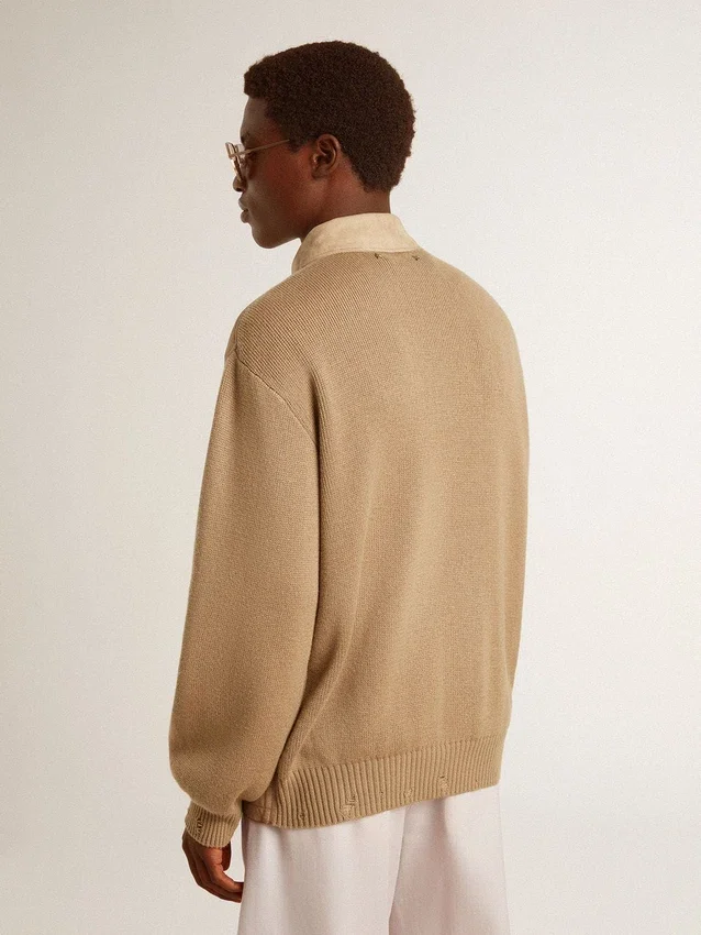 Veste pour homme en cuir nubuck couleur travertin avec manches et dos en mélange de laine