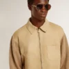 Veste pour homme en cuir nubuck couleur travertin avec manches et dos en mélange de laine