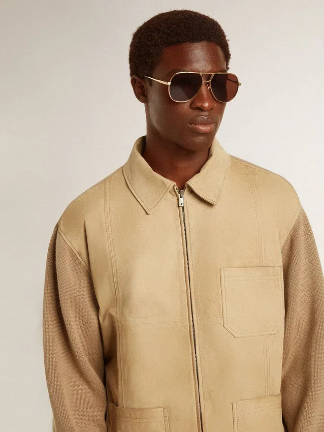Veste pour homme en cuir nubuck couleur travertin avec manches et dos en mélange de laine