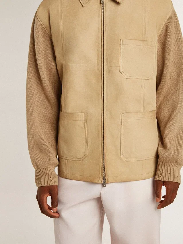 Veste pour homme en cuir nubuck couleur travertin avec manches et dos en mélange de laine