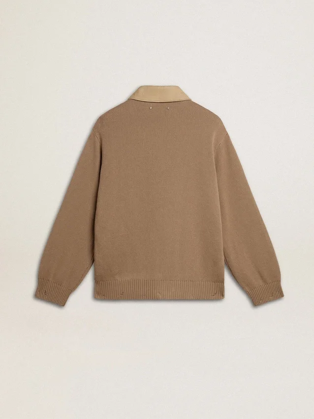 Veste pour homme en cuir nubuck couleur travertin avec manches et dos en mélange de laine