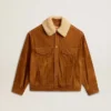 Veste pour homme en cuir refendu couleur tabac avec col en peau de mouton