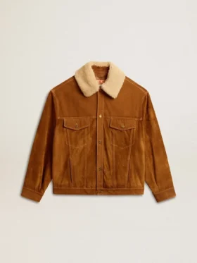 Veste pour homme en cuir refendu couleur tabac avec col en peau de mouton
