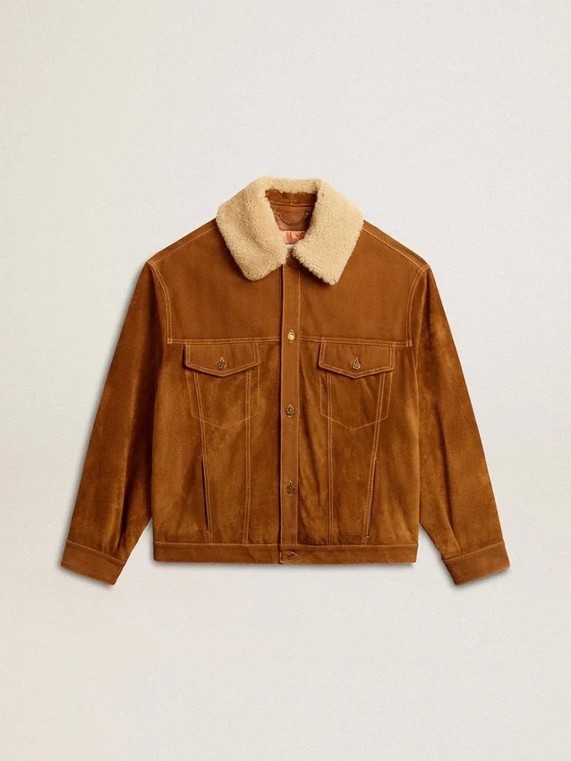 Veste pour homme en cuir refendu couleur tabac avec col en peau de mouton