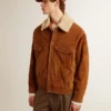 Veste pour homme en cuir refendu couleur tabac avec col en peau de mouton