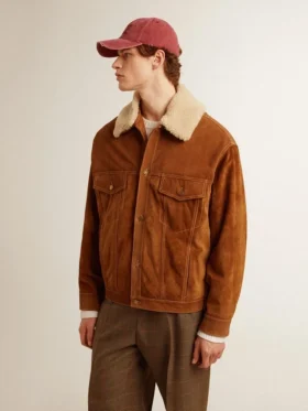 Veste pour homme en cuir refendu couleur tabac avec col en peau de mouton