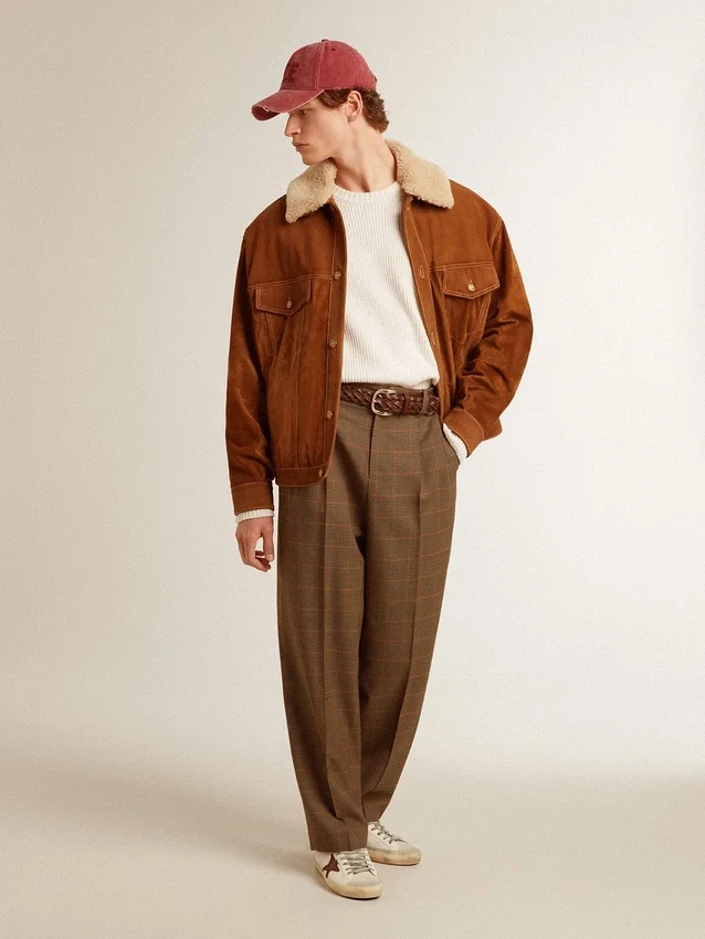 Veste pour homme en cuir refendu couleur tabac avec col en peau de mouton