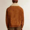 Veste pour homme en cuir refendu couleur tabac avec col en peau de mouton