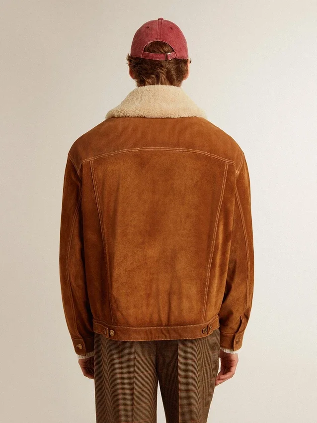 Veste pour homme en cuir refendu couleur tabac avec col en peau de mouton