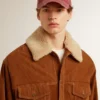 Veste pour homme en cuir refendu couleur tabac avec col en peau de mouton