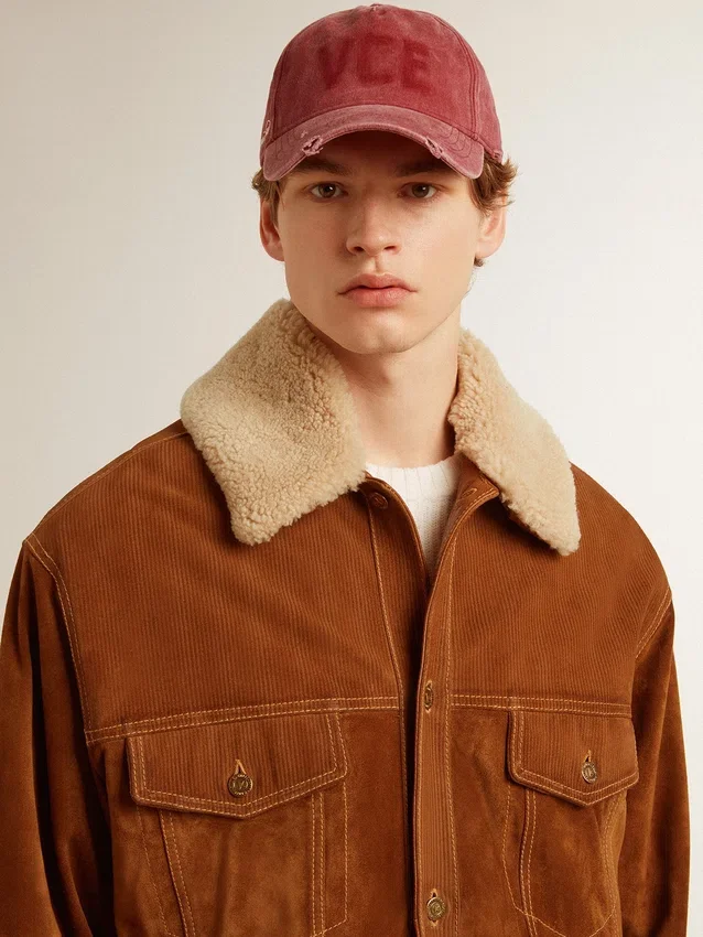 Veste pour homme en cuir refendu couleur tabac avec col en peau de mouton