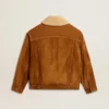 Veste pour homme en cuir refendu couleur tabac avec col en peau de mouton