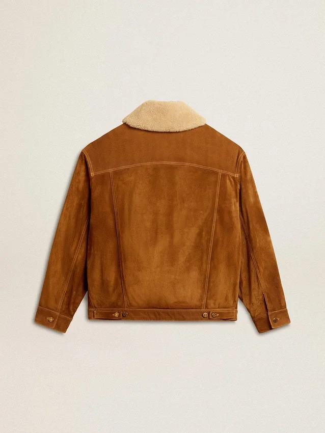 Veste pour homme en cuir refendu couleur tabac avec col en peau de mouton