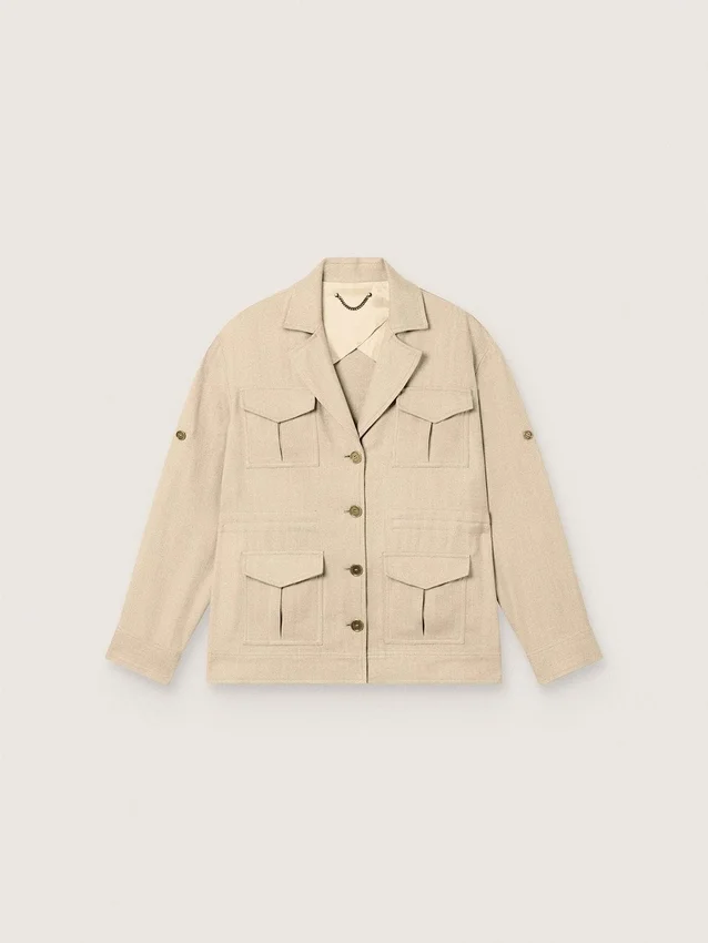 Veste safari pour femme en viscose beige à micro-chevrons