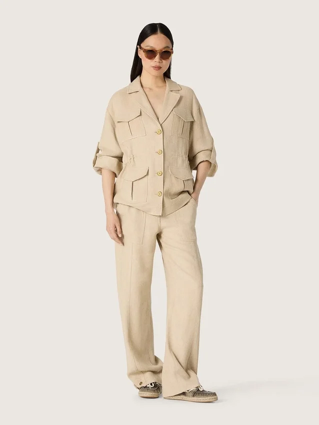 Veste safari pour femme en viscose beige à micro-chevrons