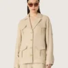 Veste safari pour femme en viscose beige à micro-chevrons