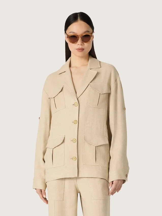 Veste safari pour femme en viscose beige à micro-chevrons