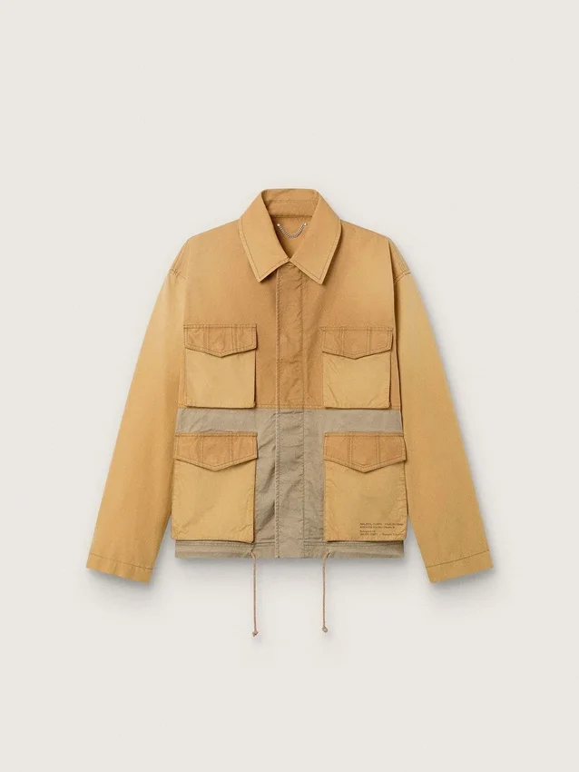 Veste safari unisexe en coton beige et vert militaire avec de grandes poches