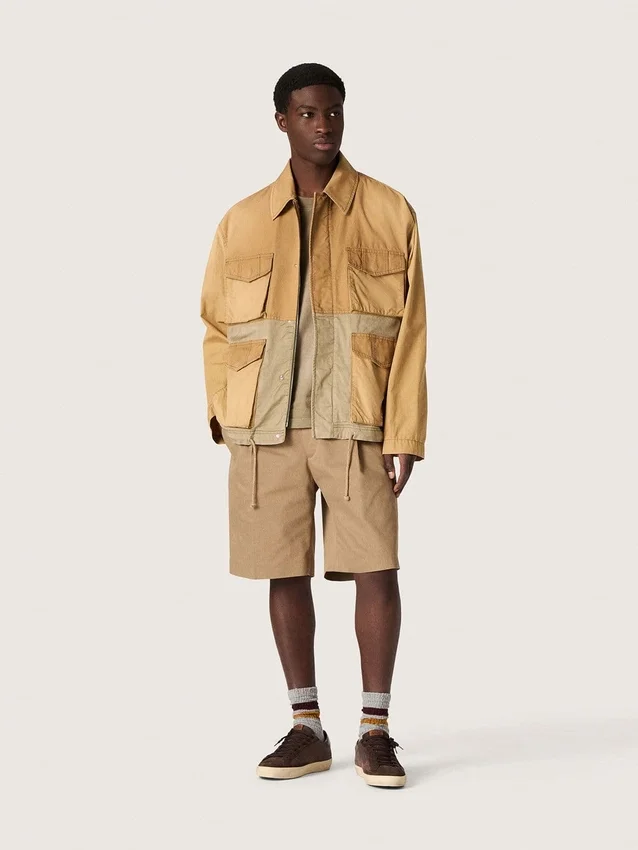 Veste safari unisexe en coton beige et vert militaire avec de grandes poches