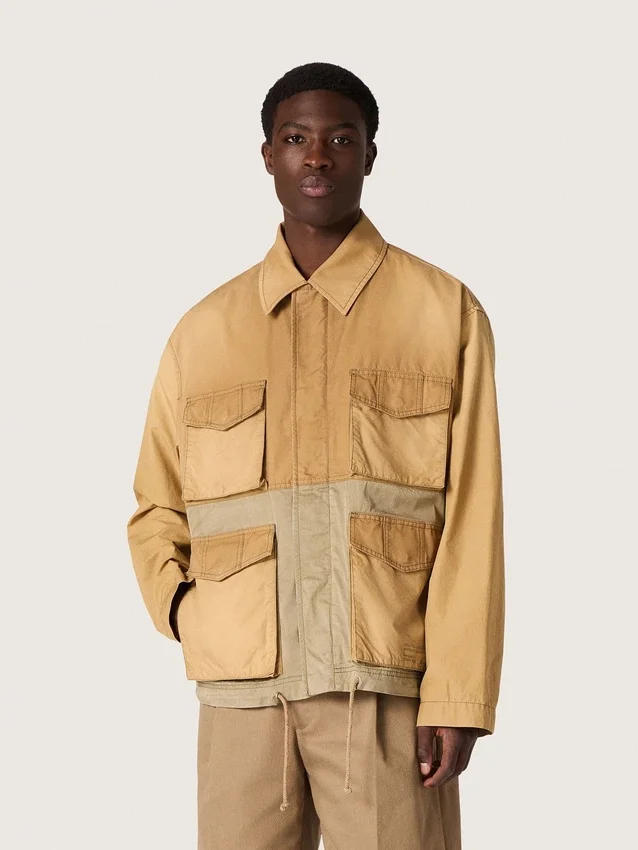 Veste safari unisexe en coton beige et vert militaire avec de grandes poches
