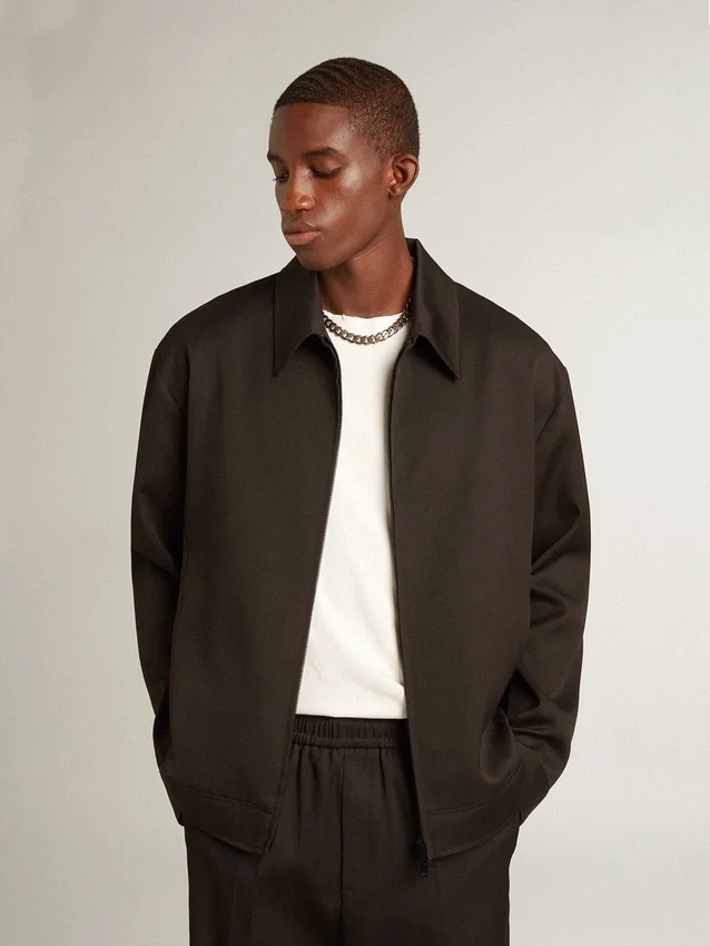Veste zippée pour homme en gabardine de laine noire