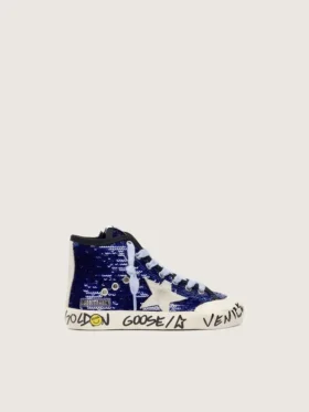 Young Francy Penstar en paillettes bleues avec une étoile en daim blanc
