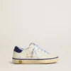 Young Super-Star en cuir blanc avec languette de talon en daim bleu
