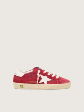 Young Super-Star en daim rouge avec étoile et languette au talon en cuir blanc